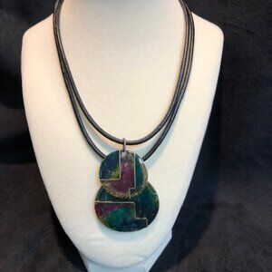 Chico's necklace - purple and blues, dual black leather strands.